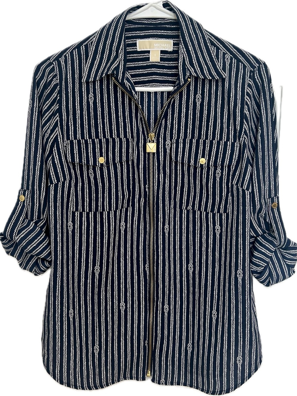 MICHAEL Michael Kors Navy Striped Full Zip Utility Blouse Size S